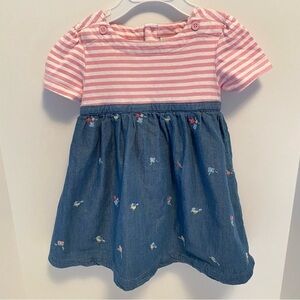 JoJo Maman Bebe Baby Girls Pink Stripe & Denim Skirt Dress Size 6-12 Months